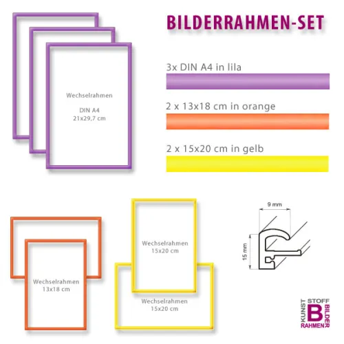 Bunte Rahmen im 7er-Set: lila, orange, gelb