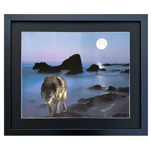Bild mit Rahmen Wandbild schwarzer Wolf bei Vollmond
